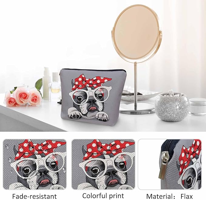Makeup Bag French Bulldog Makeup Bags For Purse Pouch, Cute Puppy Bulldog Glasses Travel Toiletry Bag Cosmetic Bag Makeup Bags Flax Makeup Organizer Bag Pencil Pouch For Man Woman, Gray
