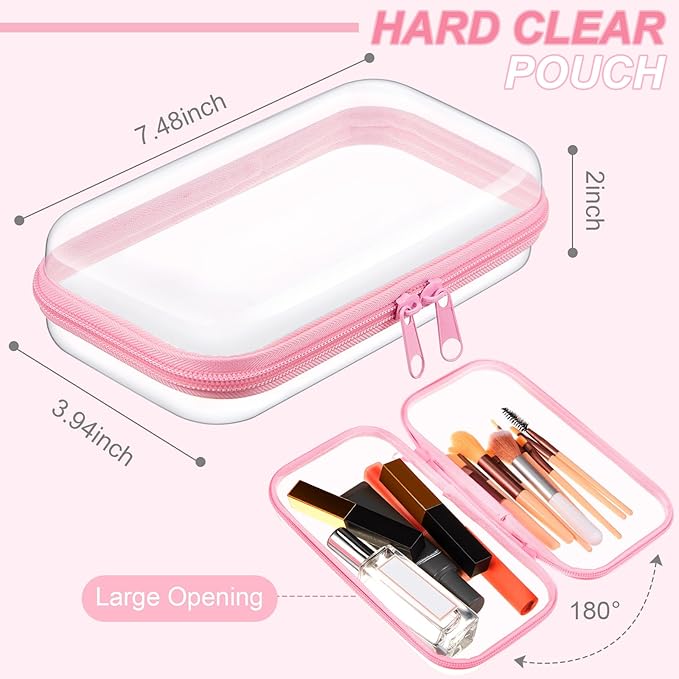 Hoolerry 3 Pcs Clear Hard Zipper Case Plastic Pouch Transparent Hard Case Clear Makeup Bag Portable Travel Organizer Bin for Cosmetics, Building Blocks, Puzzles(Pink,S)