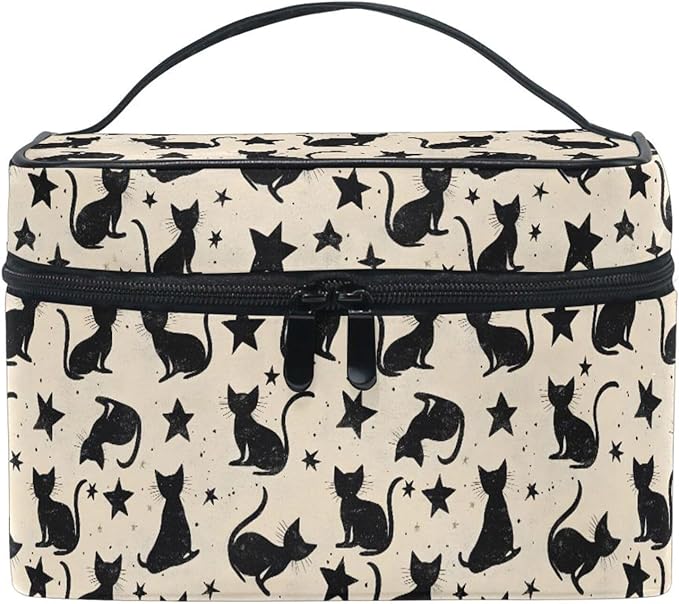 MNSRUU Makeup Bags, Black Cat Stars Makeup Organizer Bags Toiletry Bag Box Travel Cosmetic Bag Make Up Train Case for Women Teen Girl Ladies