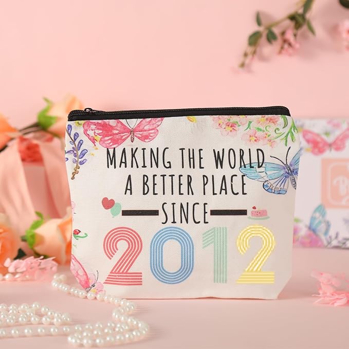 13th Birthday Makeup Bag, Multicolor Butterfly Flower Cosmetic Case for Girls, Travel Size, Zipper Closure