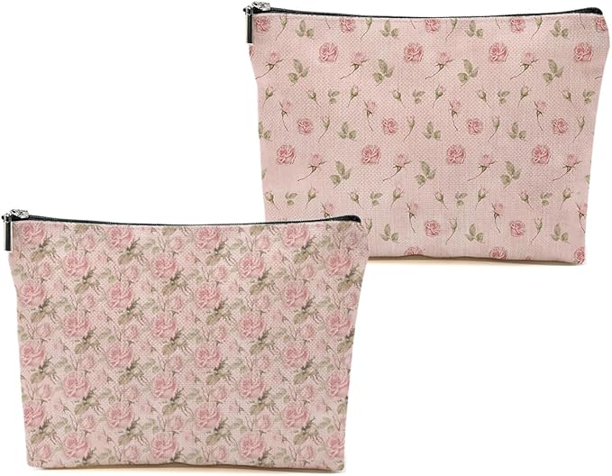 2pcs Pink Vintage Roses Floral Makeup Bag, Pink Coquette Roses Flower Cosmetic Bag Rose Gifts for Women Female Girls Sister BFF Nature Lover, Travel Zipper Pouch Christmas Thanksgiving Birthday Gifts