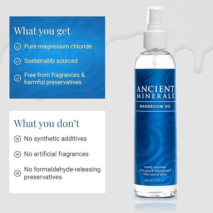 Ancient Minerals Magnesium Oil Spray Bottle of Pure Genuine Zechstein Magnesium Chloride - Topical Magnesium for Skin Application (8oz)