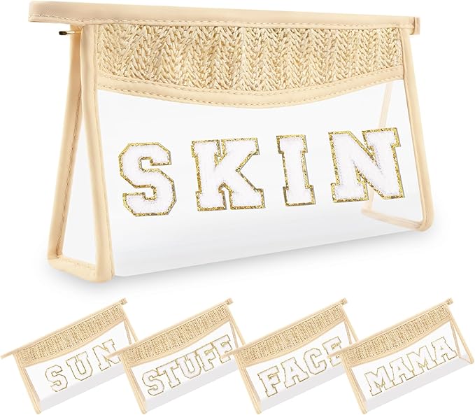 Small Boho Straw Clear Skin Makeup Bags for Women&Girls, Zipper Cosmetic Bag Chenille Varsity Letter Patch Bag, Preppy Cute Toiletry Pouch, Trendy Organizer Storage Bag for Beach Travel Essentials