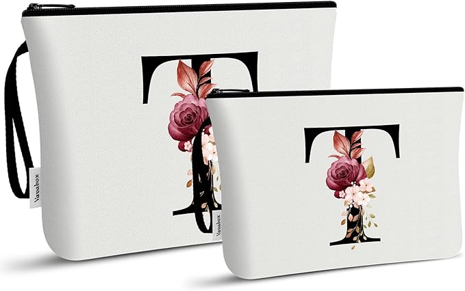 Vavabox A-Z Personalized Makeup Bag, Birthday Gifts for Women Mom, Gifts for Best Friend, Bride Bridesmaid Cosmetic bag (T, 03-White Set)