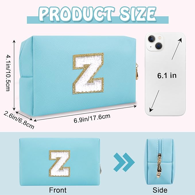 Small Initial Preppy Makeup Bag, Personalized Cute Blue Cosmetic Organizer Chenille Letter Travel Toiletry Zipper Pouch for Purse, Waterproof PU Make Up Case Birthday Gifts for Women Friend(Letter Z)