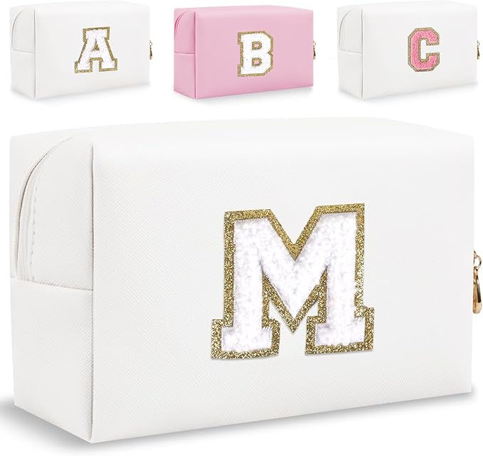 Small Personalized Letter Makeup Bag, Cute PU Leather Chenille Letters Cosmetic Bag Travel Makeup Pouch, Preppy Travel Organizer Zipper Pouch for Women&Girls（White-M）