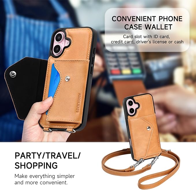 LUCKYCOIN Crossbody Wallet Phone Case for iPhone 16,100% Genuine Leather Wallet Phone Case with Expandable Flip Card Holder,Phone Purse for Women with Adjustable Removable Strap - Brown