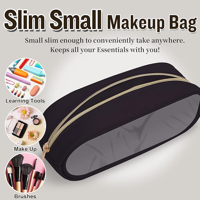 Nylon Small Clear Makeup Bag, Slim Black Makeup Brush Case, Waterproof Travel Toiletry Bag, Zipper Pouch for Purse, Make Up Organizer for Women (Brown)