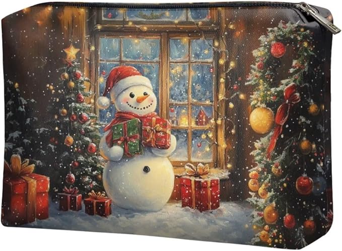 COEQINE Leather Zipper Pouch for Women Travel Snowman Kawaii Makeup Bag Travel Cosmetic Bags Soft Waterproof Large Capacity Toiletry Bag for Womens Mom Christmas Gifts