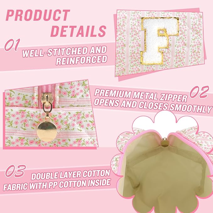 Personalized Quilted Cosmetic Bag, Puffy Monogrammed Christmas Birthday Gifts for Women & Girls, Cute initial Floral Makeup Bag Puffer Coquette Bag, Aesthetic Travel Toiletry Zipper Pouch(Pink,F)