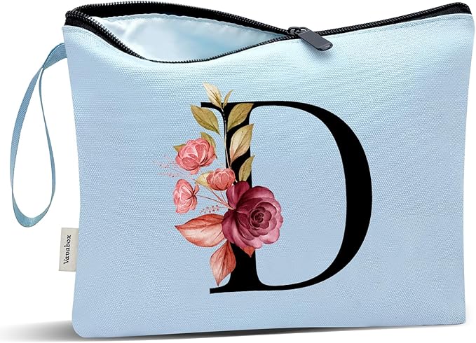 Vavabox A-Z Personalized Makeup Bag, Birthday Gifts for Women Mom, Gifts for Best Friend, Bride Bridesmaid Cosmetic bag (D, Blue)