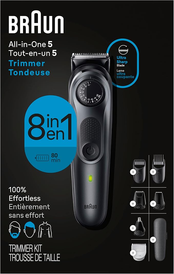 Braun All-in-One Style Kit Series 5 5471, 8-in-1 Trimmer for Men with Beard Trimmer, Body Trimmer for Manscaping, Hair Clippers & More, Ultra-Sharp Blade, 40 Length Settings, Waterproof