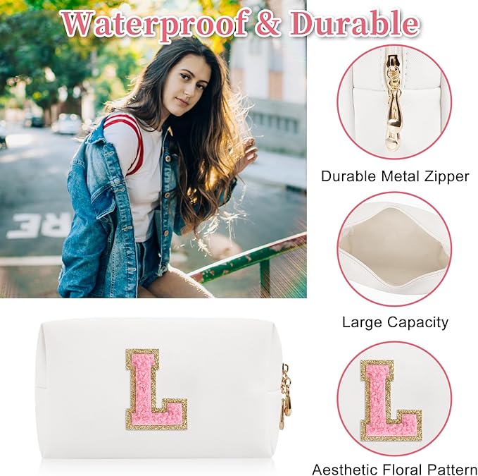 Personalized Initial Patch Makeup Bag, Preppy Portable Chenille Letter Cosmetic Bag With Zipper, PU Leather Waterproof Travel Toiletry Bag Monogram Make Up Pouch for Women Girls (Letter L)
