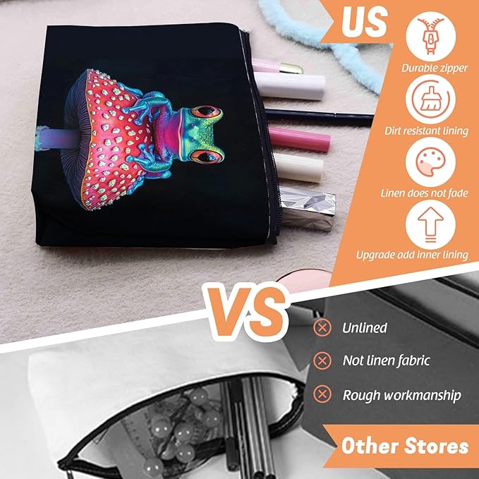 Cosmetic Bags Travel Makeup Toilet Case Waterproof Pouch for Women Girls 6.7X9.45inches - Colorful Frog on A Red Mushroom