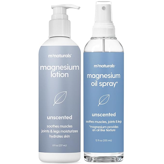 Unscented Magnesium Lotion & Spray for Sleep, Suitable for Sensitive Skin, Helps with Muscle Relaxation, Soothes Tired Legs & Foot Aches and Supports Restful Nights, 8 & 12 fl oz by M3 Naturals