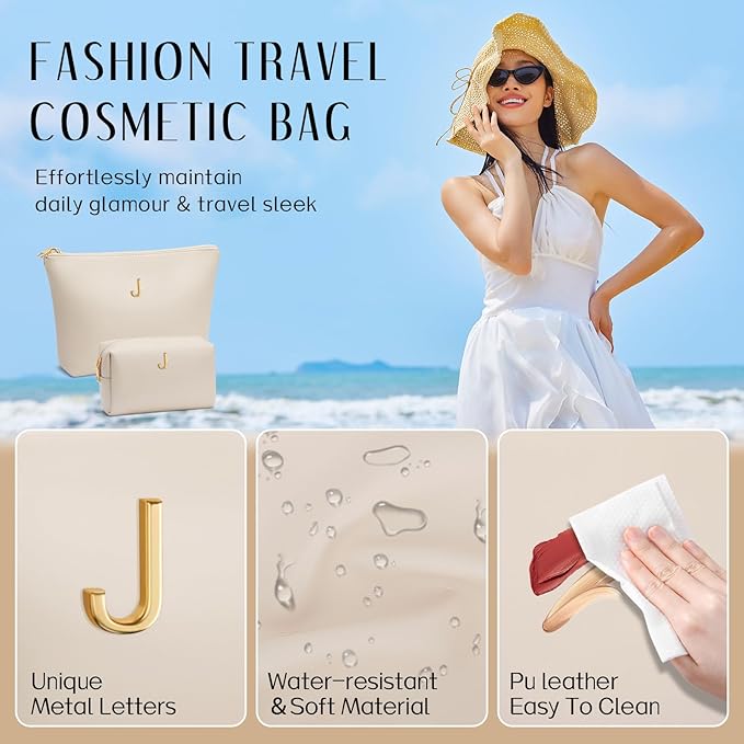 Women Gifts | Initial Makeup Bag Set for Girl Personalized Gifts for Bridesmaid Friend Graduation Teachers PU Leather Cosmetic Travel Toiletry Bag(Beige,J)