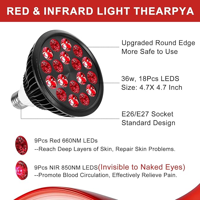 Red Light Therapy Bulb, 18 LEDs Red Light Therapy Lamp for Body and Face with 660nm Red and 850nm Infrared Light Therapy Device for Skin Care Pain Relief Suitable E26 Socket-Only Bulb