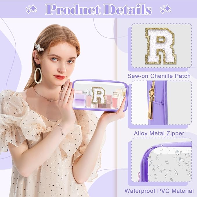 Personalized Initial Letter Clear Makeup Bag,Preppy Small Nylon&PVC Cosmetic Zipper Bag with Chenille Letter,Travel Skincare Toiletry Bag,Monogram Christmas Gift for Teen Girls Women,R