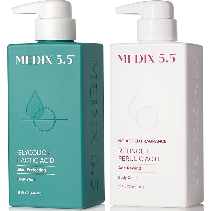 MEDIX Exfoliating Glycolic Acid Body Wash & Face Wash + Fragrance Free Retinol Body Lotion Skin Care Set | Crepey Skin Care Treatment | Lactic Acid Foaming Wash For KP Bumps, Keratosis Pilaris & Acne