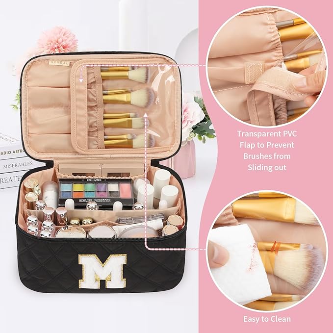 OCHEAL Makeup Bag for Women, Monogram Cosmetic Bag with Brush Holder,Black Travel Makeup Case Beauty Toiletry Bag Organizer Personalized Gifts for Girls Bridesmaid, Sister, Wife, Friends Initial M