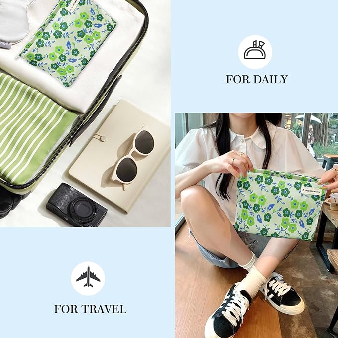 STARDW Aesthetic Floral Makeup Bag Cute Small Cosmetic Bags for Women Girls, Travel Toiletry Bag Large Capacity Zipper Makeup Pouch, Purse Organizer Pouches (Green Flowers)