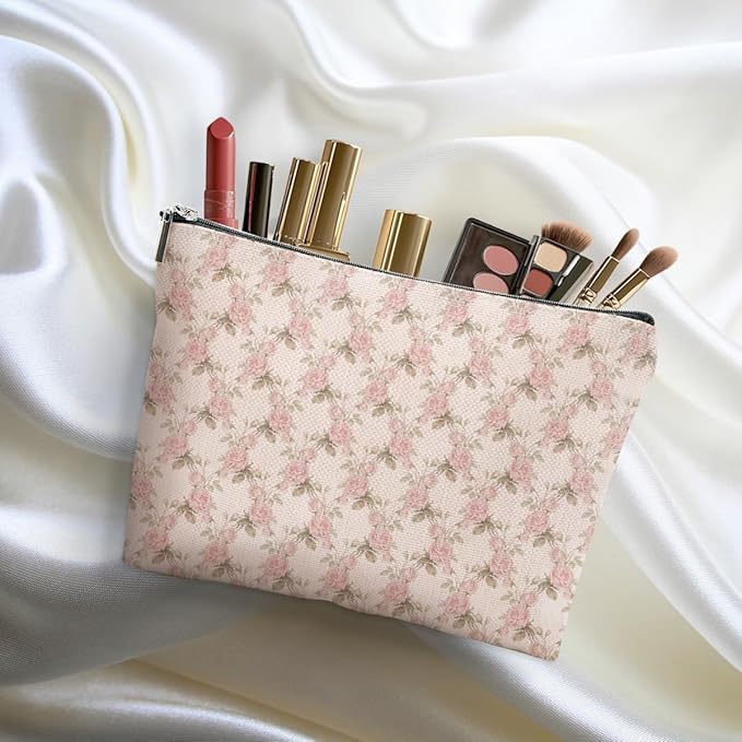 Watercolor Pink Flowers Makeup Bag Floral Cosmetic Bag Friend Friendship Gifts for Women Girls Sister Coworker Mom Botanical Travel Organizer Zipper Pouch Christmas Thanksgiving Birthday Gifts