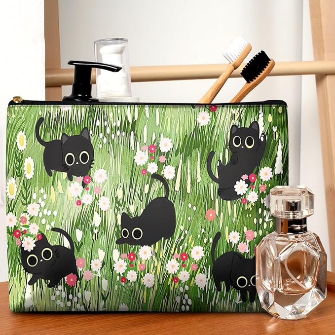 Cute Makeup Bag for Purse Waterproof Cosmetic Bags for Women Funny Smooth Zipper Travel Toiletry Pouch 10X8 Inches-Black Cat Floral Makeup pouch