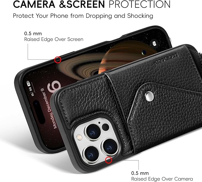 LUCKYCOIN Crossbody Wallet Phone Case for iPhone 16 Pro Max,100% Genuine Leather Wallet Phone Case with Expandable Flip Card Holder,Phone Purse for Women with Adjustable Removable Strap - Pebble Black