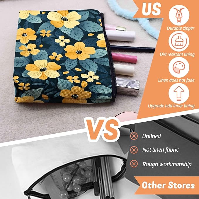 Cosmetic Bags Travel Makeup Toilet Case Waterproof Pouch for Women Girls 6.7X9.45inches - Pattern of Yellow Flowers on A Dark - Teal Background