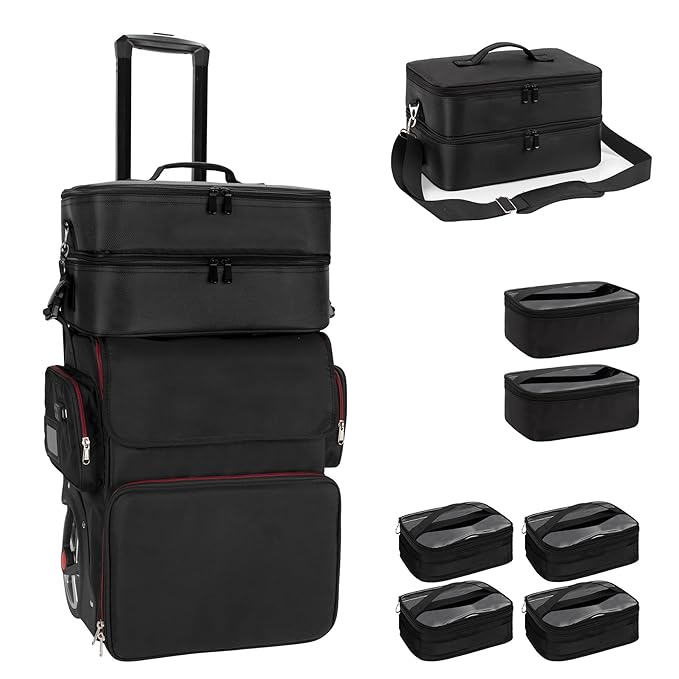 Large Makeup Train Case with Makeup Travel Bag and 4 Clear Makeup Bags for Hairstylist, Hairdresser Bag with Detachable Pouch,Heat Insulation Anti-scalding for Hairdressing Organizer Big wheels