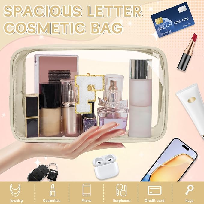 Personalized Initial Clear Makeup Bag, Travel Chenille Patch Cosmetic Bag, Preppy Toiletry Bag Monogram Cosmetic Pouch with Zipper, Ideal Gift for Teen Girls Women (Clear-Beige, F)