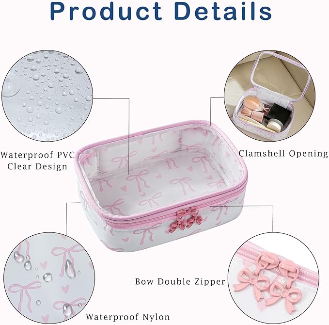 Cute Clear Makeup Bag with Bow Pattern,Transparent Nylon Travel Cosmetic Case with Zipper,Portable Makeup Organizer Pouch for Essentials(01Pink)