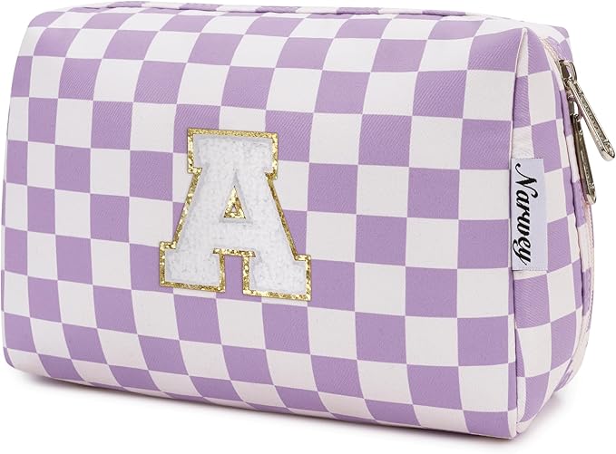 Narwey Christmas Gift for Women Girls, Initial Makeup Bag for Bridesmaid Teacher Sister Friend Graduation Gifts, Personalized Monogram Cosmetic Toiletry Bag, Teen Girls Trendy Stuff (Purple A)