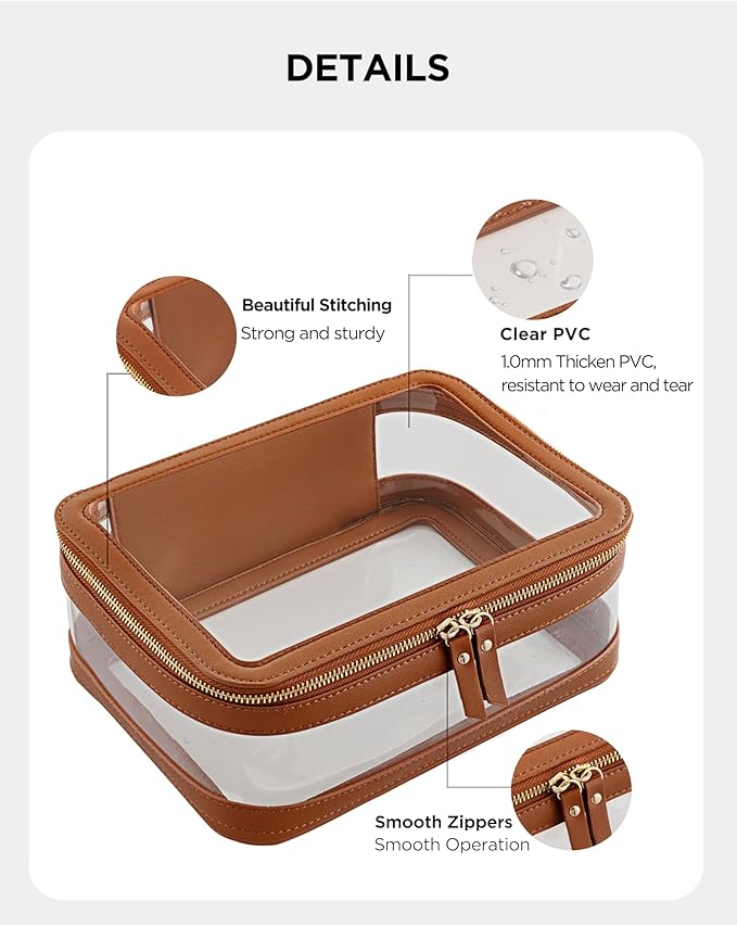 HBlife Clear Makeup Bag Organizer, Portable Travel Toiletry Cosmetic Bag Case for Women, Large Make Up Bag Makeup Train Case Transparent Storage Bag Pouch with Handle(Brown)