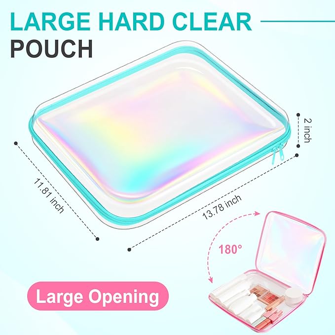 Sanwuta 6 Pcs Clear Hard Zipper Case Hard Plastic Zipper Pouches Makeup Bag Pencil Pouches Transparent Cases for Snacks Plastic Storage Organizer Box for Travel(Holographic,13.78 x 11.81 x 2 Inch)