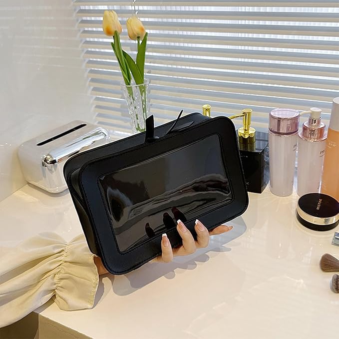 Clear and Waterproof Makeup Bag Portable Travel Cosmetic Case Organizer for Women Toiletry Pouch with Transparent Vinyl Windows & Zippers (Black)