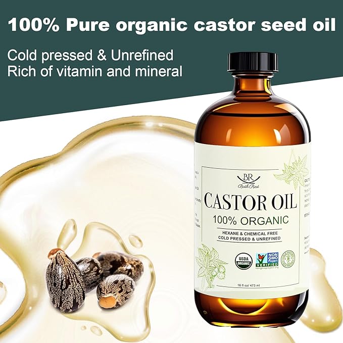 Castor Oil Organic Cold Pressed Unrefined Glass Bottle 100% Pure for Hair Growth Eyelashes Brows Castor Oil Packs, Natural Skin Moisturizer, USDA Certified Hexane Free Vegan 16 oz (473ml)