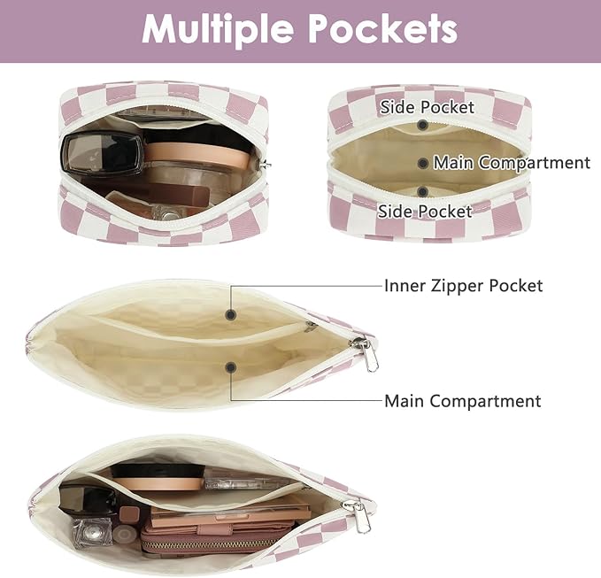 Checkered Makeup Bag, Travel Cosmetic Bag Organizer Toiletry Bag Make Up Bags with Zipper & Compartments for Women Girls, 2PCS