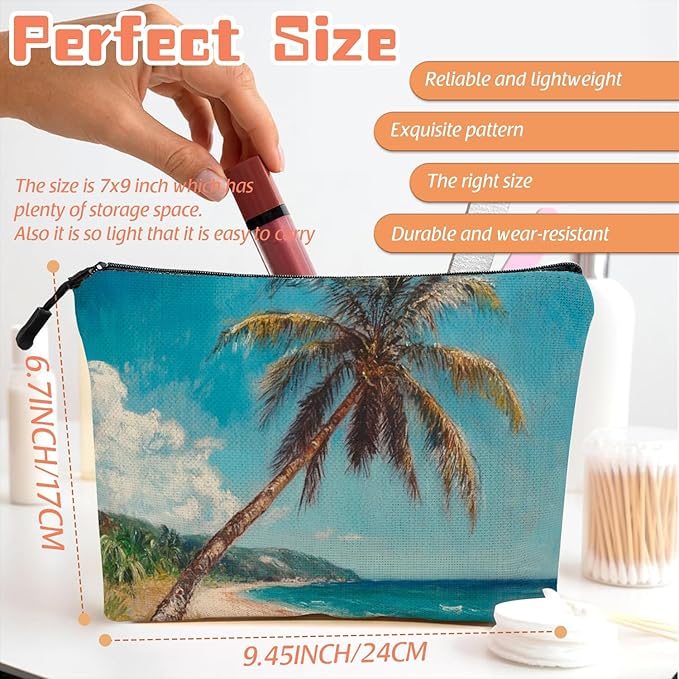 Cosmetic Bags Travel Makeup Toilet Case Waterproof Pouch for Women Girls 6.7X9.45inches - Tilted Coconut Tree on A Tropical Beach