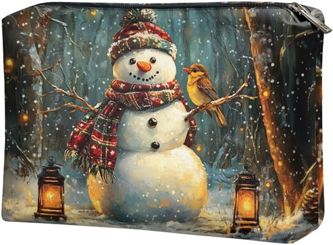 COEQINE Snowman Birds Black Pouches For Purse Organization Christmas Makeup Bags for Women Travel Leather Cosmetic Bag Cute Toiletry Travel Bag For Christmas Birthday Holiday Gifts