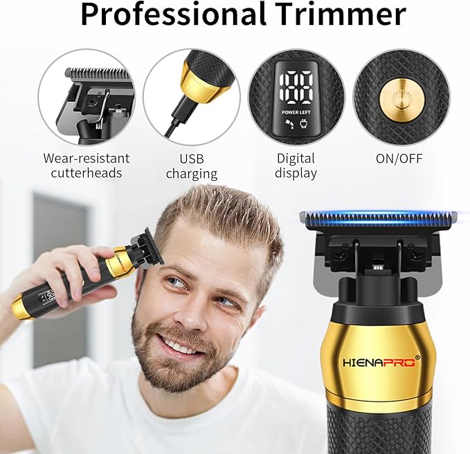 HIENA PRO Professional Cordless Hair Clippers for Men, T-Blade Beard Trimmer & Foil Shaver Set, Rechargeable Barber Clipper Kit and Hair Cutting Set, Facial Grooming Kit with LED Display