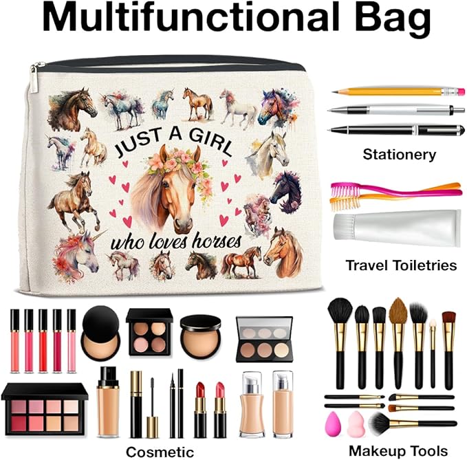 Horses Gifts Makeup Bag Funny Horse Lover Gifts for Girl Women Cowgirl Cosmetic Bag Just a Girl Who Loves Horses Zipper Makeup Pouch Gift