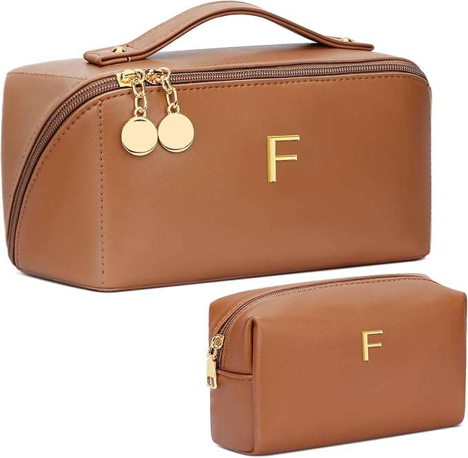 Birthday Gifts for Women Teen Girl, Personalized Initial Makeup Organizer Bag Set, Open Flat Travel Cosmetic Bag With Clear Divider and Handle(Brown,F)