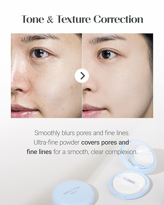 THESAEM Saemmul Perfect Pore Pact - Sebum Control Makeup Pressed Powder Pact, Pore Minimization, Plant-Based Setting Finishing Powder to Absorb Sweat and Prevent Clumps, with Mirror & Puff 12g