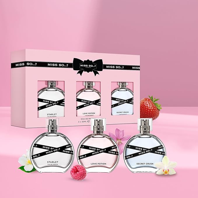 So…? Miss Set - Perfumes for Women with Floral, Fruity and Vanilla Perfume Notes - 800 Sprays - Gifts for Women - 3 pcs Gift Set