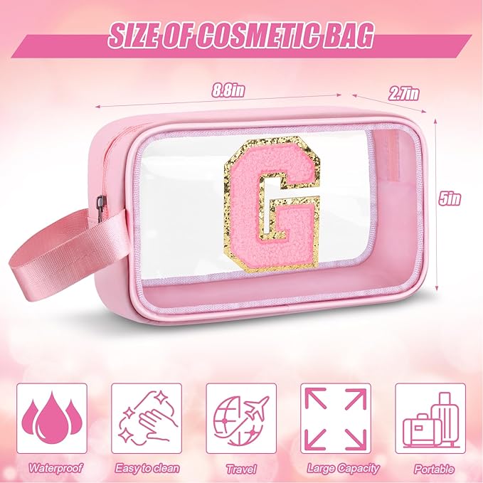 Initial Makeup Bag,Letter G Cute Clear Monogrammed Cosmetic Travel Bag for Womens Girls,Personalized Pink Aesthetic Traveling Make Up Organizer Bag for Beach,Waterproof Toiletry Bag