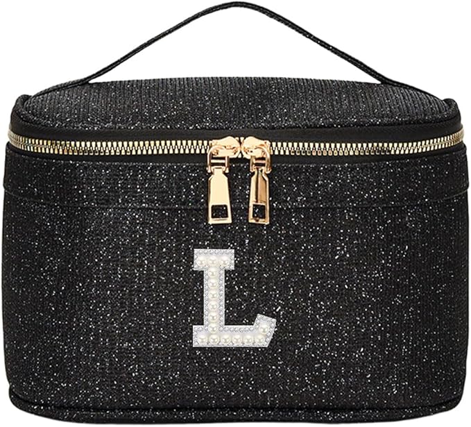 EURYNOME Makeup Bag with Custom Letter L, Water-Resistant Travel Organizer Pouch, (8.3x5.1x5.1 Inch) Cosmetic Case for Women