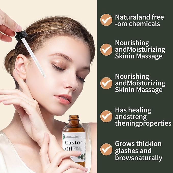 Organic Castor Oil Cold Pressed Unrefined - Hair Growth & Care, Thicker Eyelashes & Eyebrows (4.23FlOz) - Certified Organic, Hexane Free