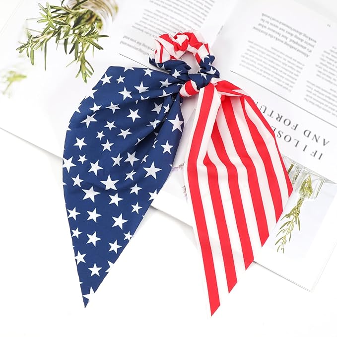 American Flag Hair Ties for Women Girls Independence Day 4th of July Hair Scrunchies Red White Blue Star Patriotic Hair Tie Memorial Day Ribbon Hair Bows