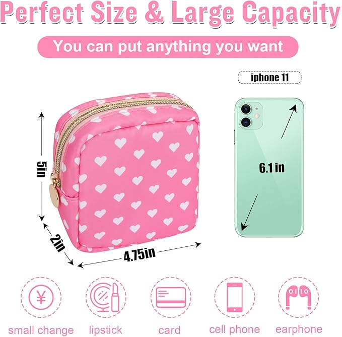 Nylon Mini Makeup Bag for Purse - Small Cute Cosmetic Zipper Pouch - Waterproof Travel Coin Pouch - Sanitary Napkin Storage - Make Up Organizer for Women & Girls (Pink Heart)
